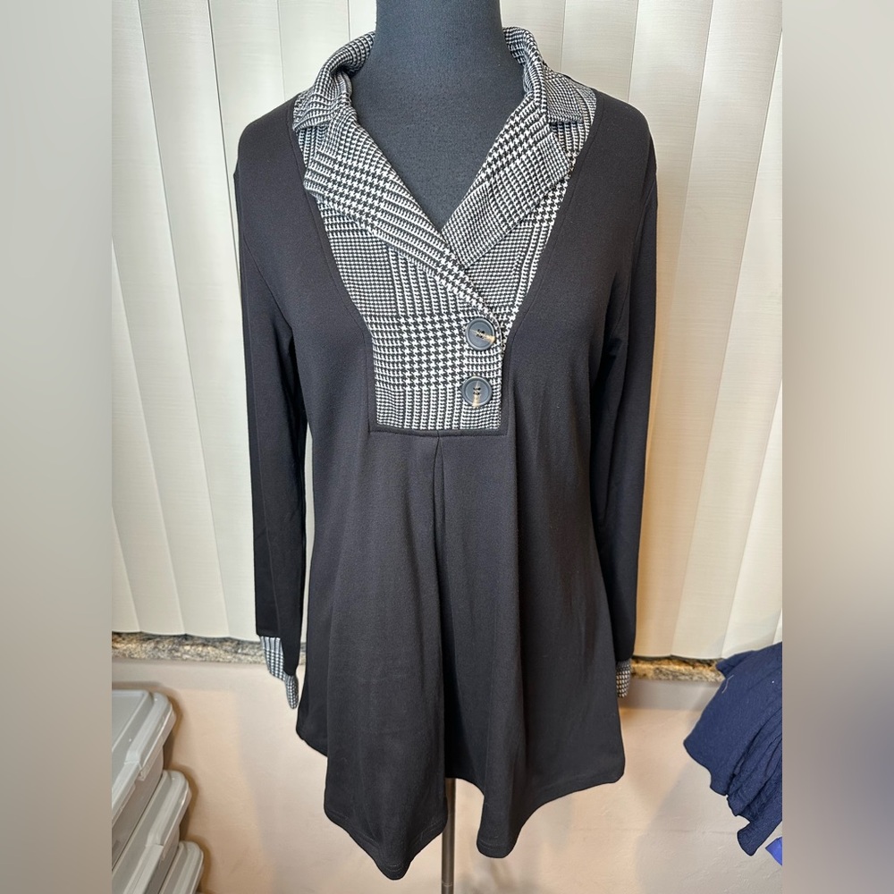 Black Houndstooth Plaid Long Sleeve Tunic Button Detail Dark Academia Size Med